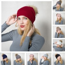 Mujers Winter Cashmere Knit Real Fur Pom pom Fur Beanies Skull Warm Hat A392  eb-80164695